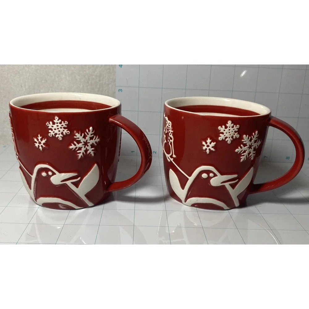 2 Starbucks Coffee Cups Mugs Penguin Tree 2007 Snow Winter Christmas Red White